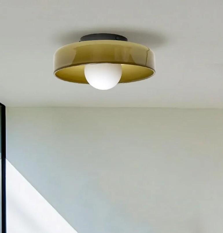 Mid Century Orange Glass Semi Flush Mount Ceiling Light with Milk Globe Nordic Modern Green Hallway Lighting Fixtures Round Bedside Wall Mount Lamp for Bedroom Cloakroom Stairway