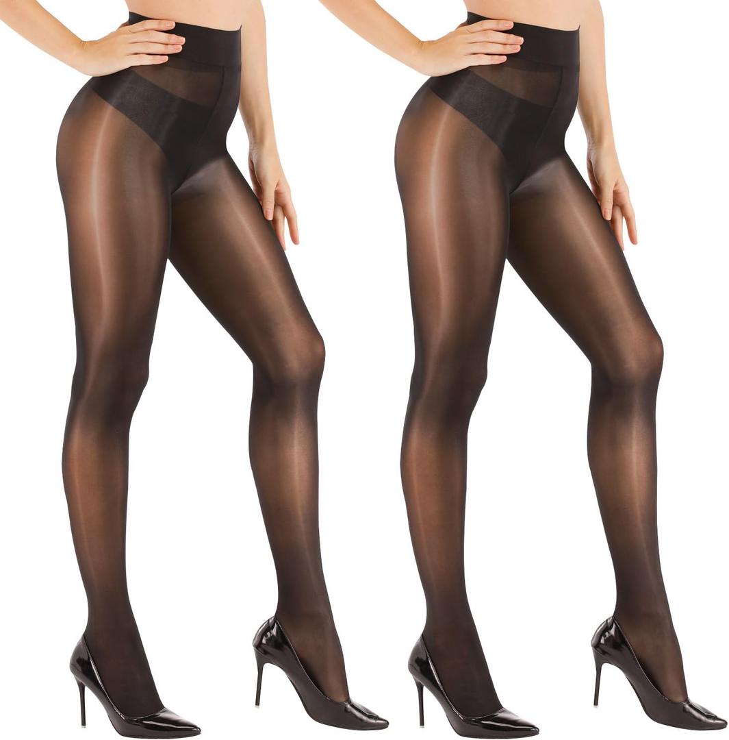 ARRUSA Women's Super Sexy Shiny Sheer Control Top Footed Tights Silk Stockings Ultra Shimmery High Waist Pantyhose (Black)
