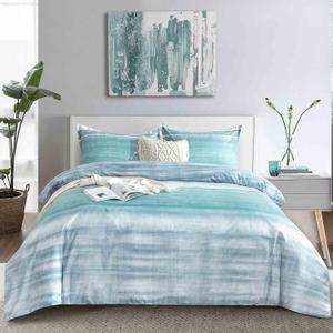 Blue Grey Striped Queen Size Duvet Cover - Teal and Gray Stripe Printed Pattern Reversible Microfiber Comforter Cover Bedding Sets - 3PC 90 x 90 Soft Bed Sets , Modern Abstract Style for Women Men