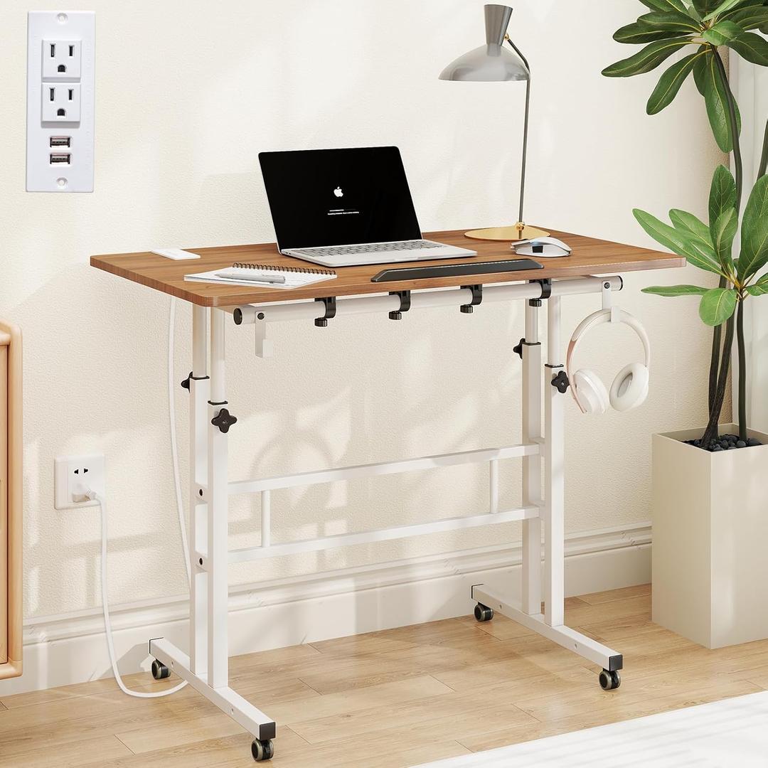 SIDUCAL Mobile Stand Up Desk with USB Ports and Outlets, Adjustable Laptop Desk on Wheels, Home Office Workstation, Rolling Laptop Cart for Standing or Sitting, 31.5" x 23.6" Vintage Oak (Enlarged)
