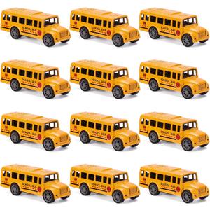 12 Pack Pull Back Bright Yellow School Bus Toys, 3.2" Die-cast Metal Friction Powered Toy Vehicles for Kids Boys Girls