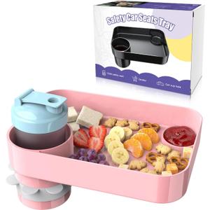 Car Seat Snack Tray for Kids, Mess-Free Square Travel Tray Cup Holder Snack Tray, Durable Car Food Tray for Toddlers, Universal Fit Kids Travel Road Trip Essentials (1, Pink)