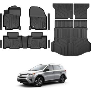 Floor Mats for Toyota RAV4 Gas 2013-2018, All Weather Floor Mats Trunk Cargo Liner with Backrest Protectors and Door Sill Guards Accessories, Full Coverage Set