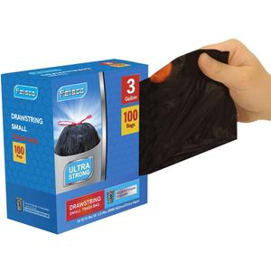 Feisco 3 Gallon Black TrashBag,Small Drawstring Garbage Bag TrashCan Liner,100 Counts,0.55 Mil