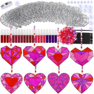 Winlyn 24 Sets Heart Suncatchers Ornaments Decorations DIY Window Paint Art Stickers Craft Kit Heart Sun Catchers for Kids Valentine's Day Pirate-Themed Birthday Activities Art Project Party Favors