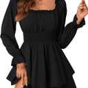 LYANER Women's Flounce Long Sleeve Square Neck Ruffle Layer Shirred Mini Short Romper Jumpsuit Black X-Large (Black)