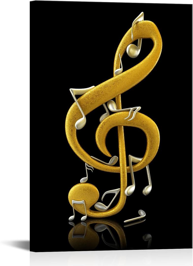 Music Note Treble Clef Canvas Wall Art Golden Music Studio Room Wall Decor, 24"L x 16"W
