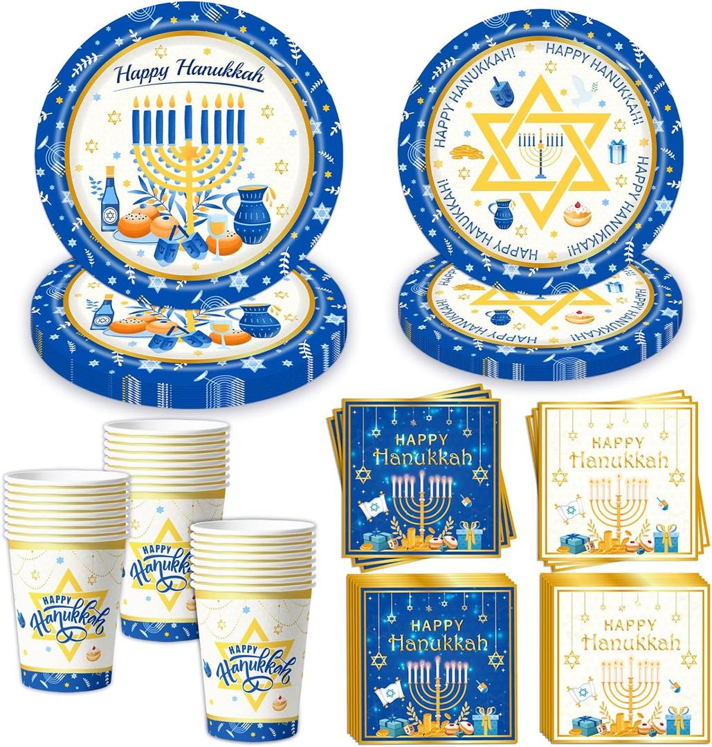 96 Pcs Hanukkah Party Tableware Set Includes Plates and Napkins Cups Perfect for Hanukkah Celebrations Disposable Party Tableware Set Party Decorations Serves 24 Guests