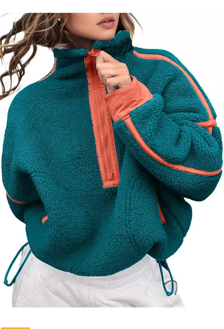Women's Fleece Sweatshirts Half Zip Pullover Long Sleeve Oversized Workout Crop Tops Hoodie with Pocket size M