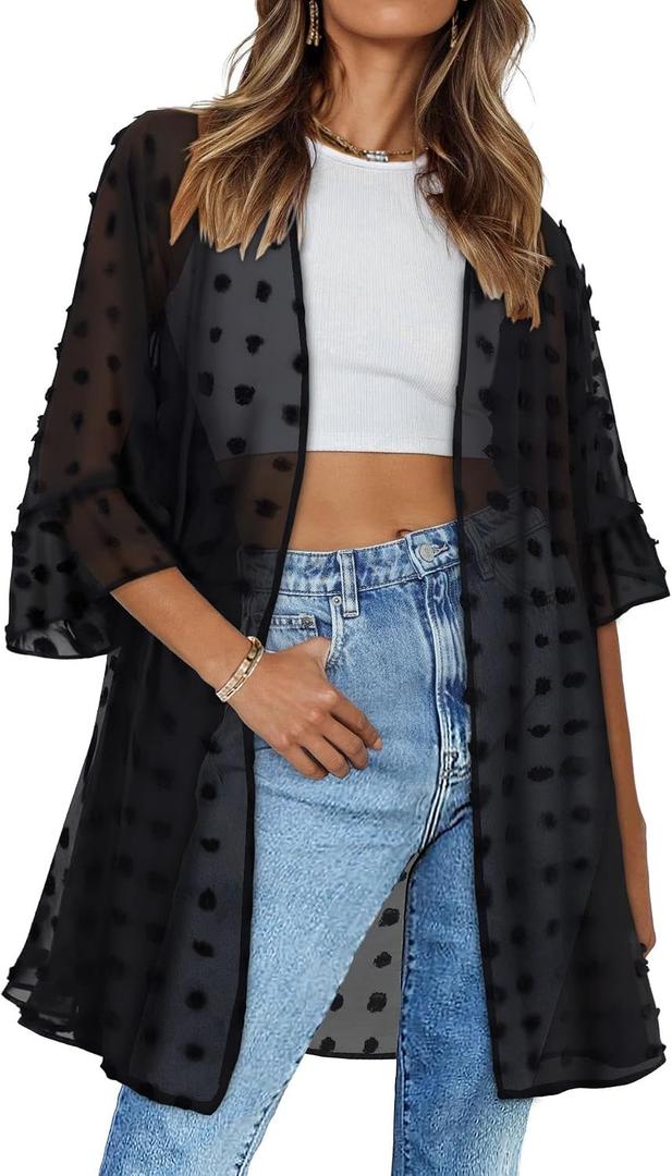 Womens Kimono for Summer Puff Sleeve Cardigan Casual Loose Fit Beach Cover Ups Resorts Swimwear 2026 (Black, L)