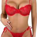 popiv Women Sexy Lace Lingerie Set Matching Bow-Knot Bra and Side Tie Up Panty Set, Red, Size M