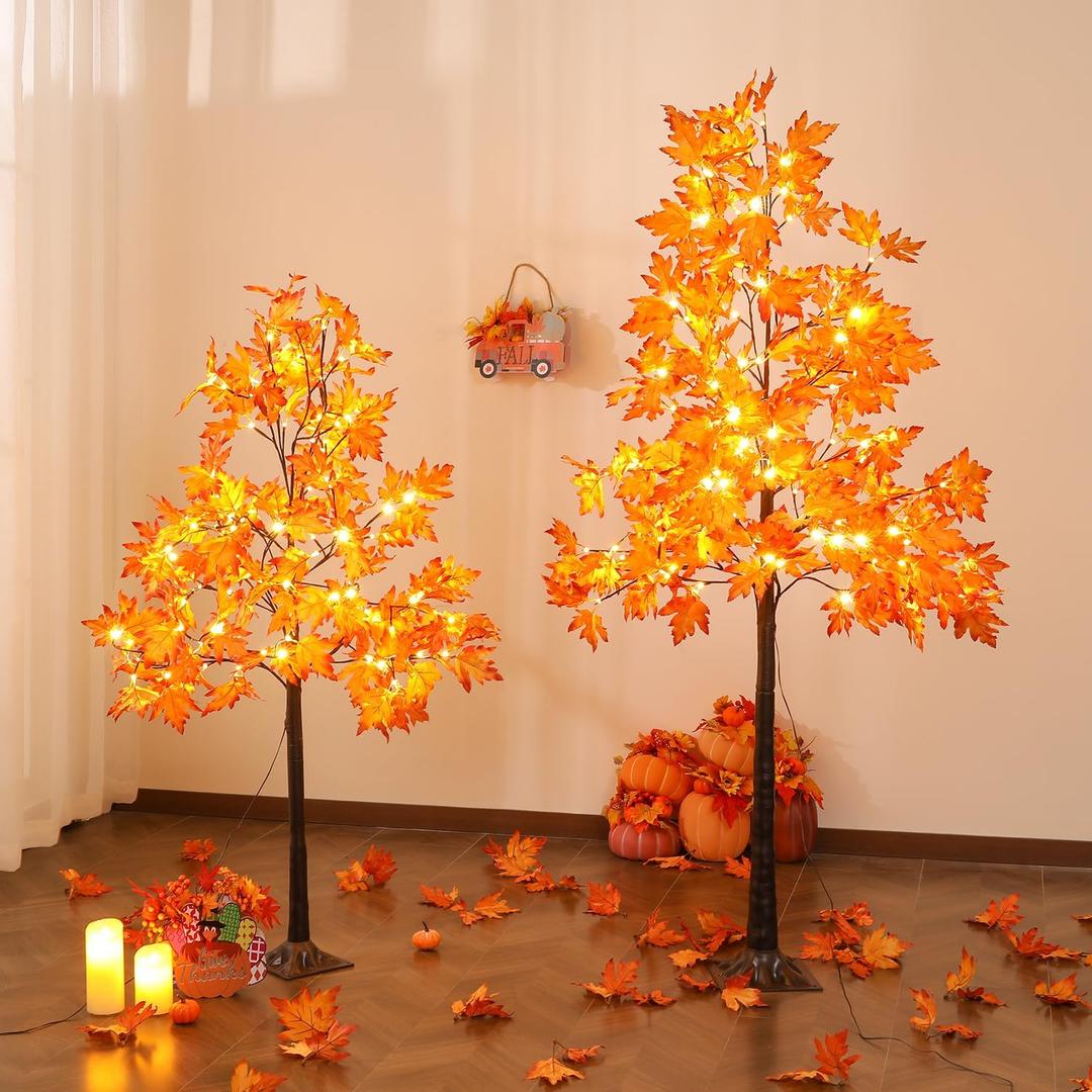 Lighted Maple Leaf Tree, 2 Pack Prelit Orange Artificial Fall Trees (5FT and 6FT) for Indoor Outdoor Decor Garden Wedding Party Bedroom Thanksgiving Decoration