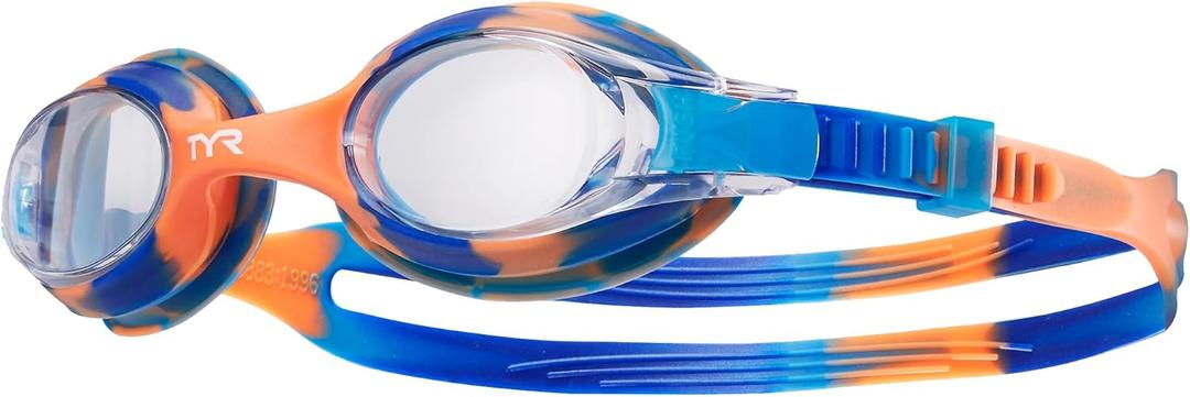 TYR Swimple Tie-Dye Kids Swim Goggles Non-Mirrored for Competitive & Recreation, Anti Fog UVA/UVB Protection, Watertight Seal (Clear/Blue/Orange)