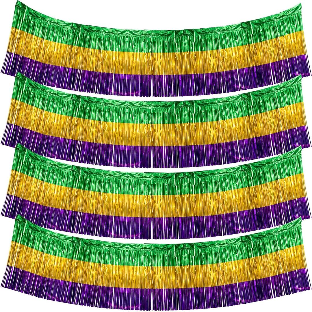 4 Pack 29x108 Inch Mardi Gras Table Skirts Metallic Foil Fringe Table Skirts for Wedding,Birthday, Mardi Gras Decorations (4 Ps)