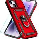 SunStory Compatible with iPhone 14 Plus Case with HD Screen Protector & Slide Camera Cover & Rotated Ring Kickstand, [Military-Grade] Phone Case for iPhone 14 Plus (Red)
