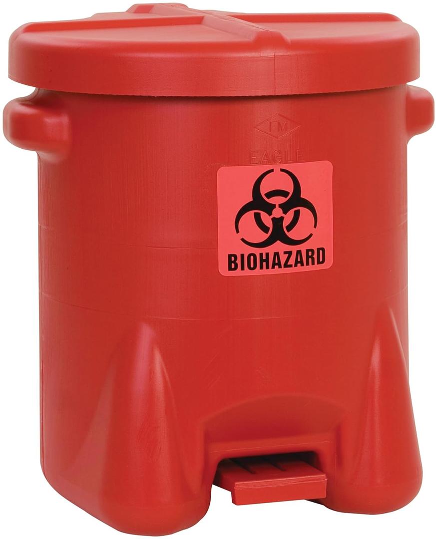 Eagle 14 Gallon Biohazard Trash Can with Foot-Operated Self-Closing Lid, 22" x 18" x 21", Made in The USA from High-Density Polyethylene, Red, 947BIO