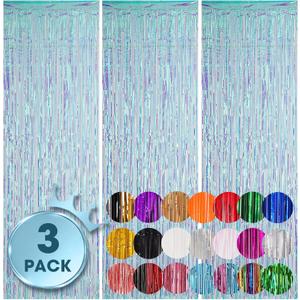 3 Pack 3.3x8.2 Feet Neon Iridescent Foil Fringe Backdrop Curtains, Tinsel Streamers Birthday Party Decorations, Fringe Backdrop for Graduation, Baby Shower, Gender Reveal, Disco Party