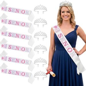 Janinka 6 Pcs Senior Sash 2026 Graduation Satin Sash with Glitter Letter Silver Crown Tiaras Cheer 2026 Gifts for Graduation Party Cheerleader Prom Photos Celebration(Pink)