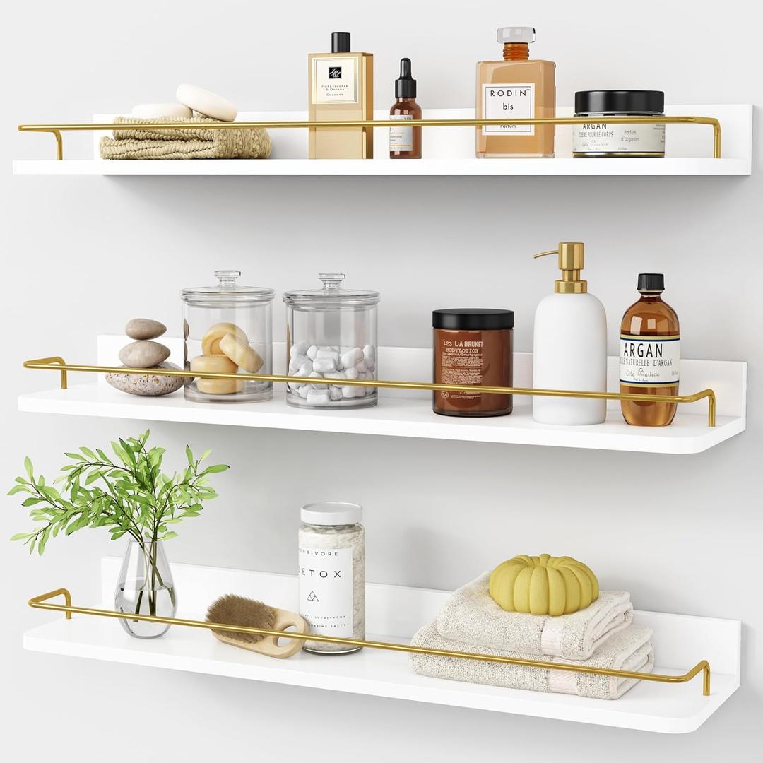 Forbena 24 Inch Bathroom Floating Shelves for Wall Set of 3, Gold Bathroom Shelves Over Toilet Wall Mounted with Rail, Decorative Hanging Shelf for Bedroom Office Living Room Decor (White and Gold)