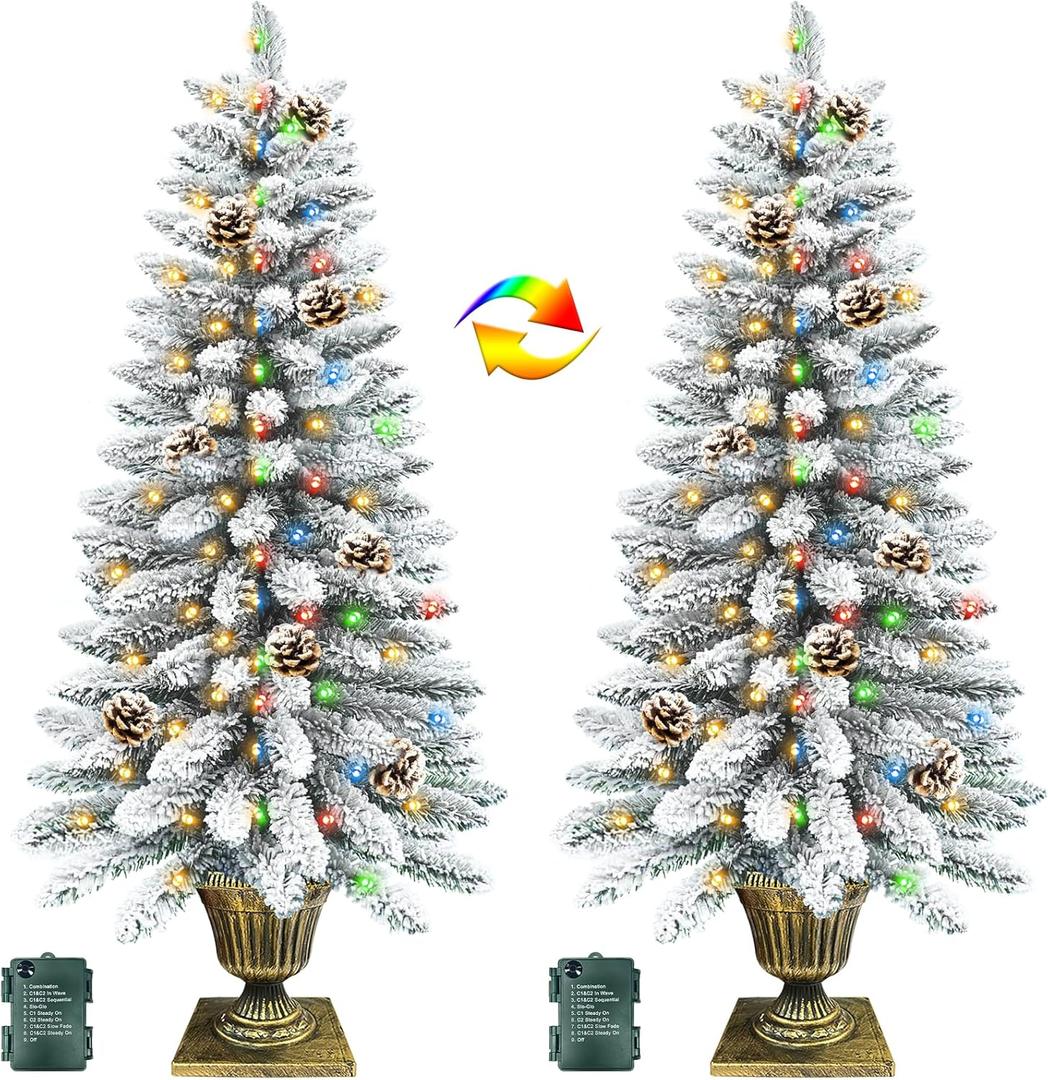 2 Pack 4 Ft Snow Flocked Christmas Entrance Tree in Pot Base with Timer 8 Mode 60 Warm White and Colorful Change Lights 12 Pine Cone Battery Operated for Porch Front Door Entryway Home