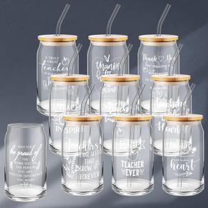Inbagi 10 Pcs Teacher Appreciation Gift 16 oz Glass Cups Appreciated Quotes Sign Thank You Gifts for Women Men Can Shaped Cup with Bamboo Lid Glass Straw Teachers End of Year Supplies