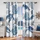 Nautical Coastal Curtains Decorative Beach Ocean Sea Turtle Coral 50% Light Blocking Sea Darkening Grommet Curtain For Villa Living Room, Bedroom Navy Blue and White 2 Panels Set, 52x63 Inches