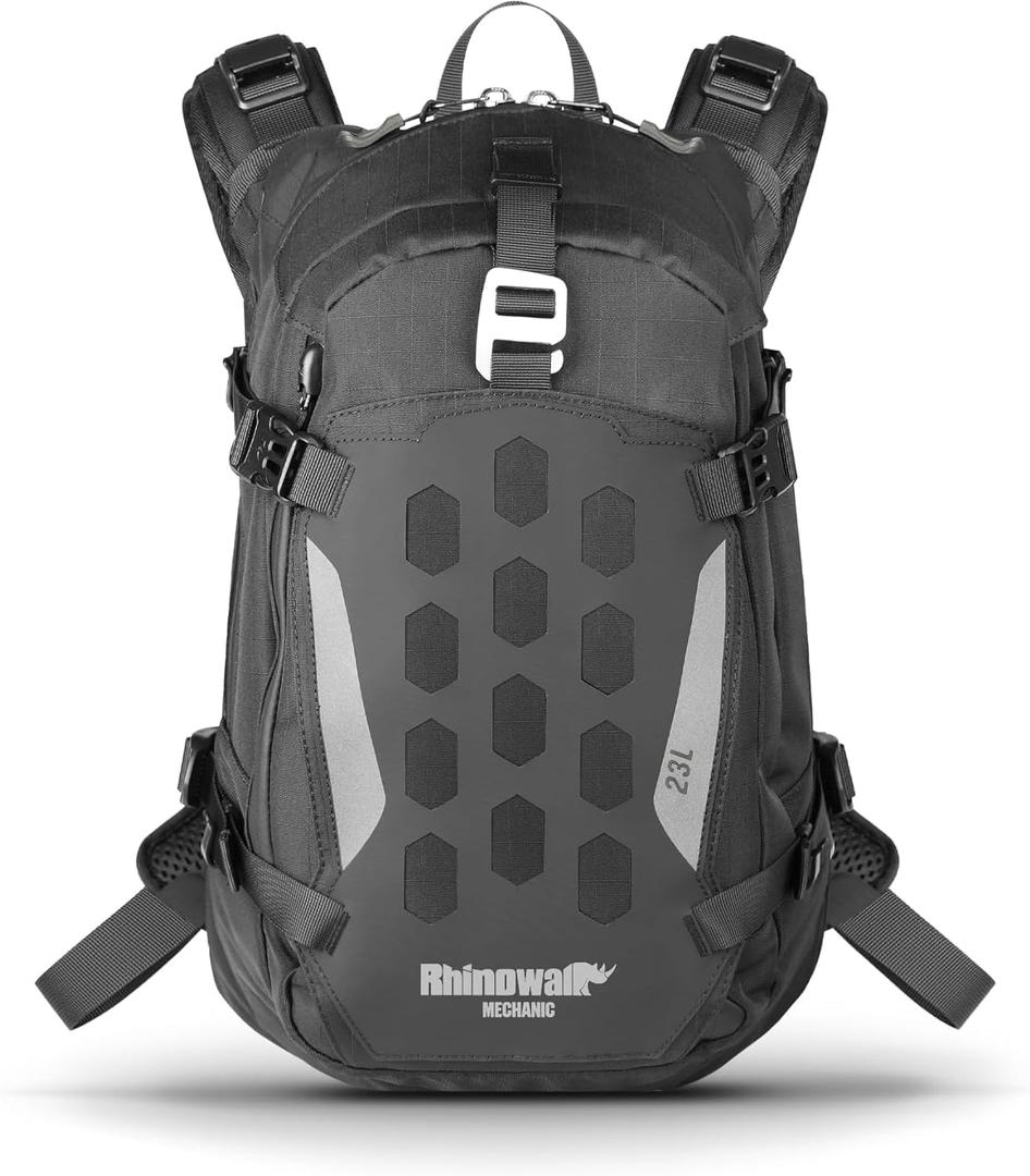 Rhinowalk Motorcycle Backpack Helmet Holder Hydration Bladder Compartment Magnetic Fastening Buckle MOLLE System Rain Cover – Multi-Purpose Sports Backpack for Cycling, Hiking, Running, Camping, 23L