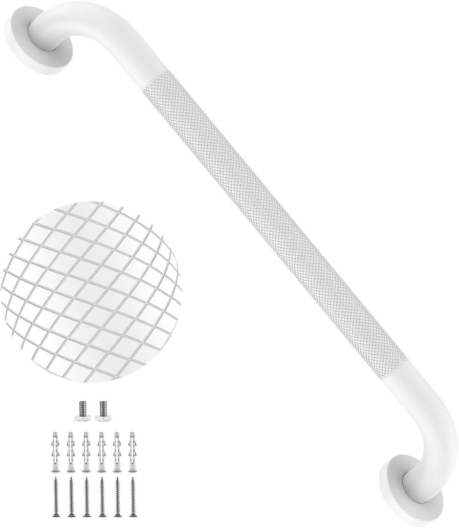 24 Inch White Anti Slip Bathroom Shower Grab Bar w/Knurled Grip