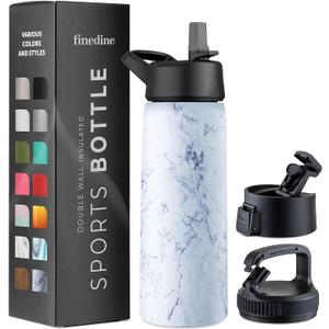 FineDine Triple Walled, Insulated Water Bottles with Straw - 25 Oz Stainless Steel Metal Bottle W/ 3 Leak Proof Lids - For Travel, School, Sports, Gym/Men, Women & Kids - Fresh White Marble