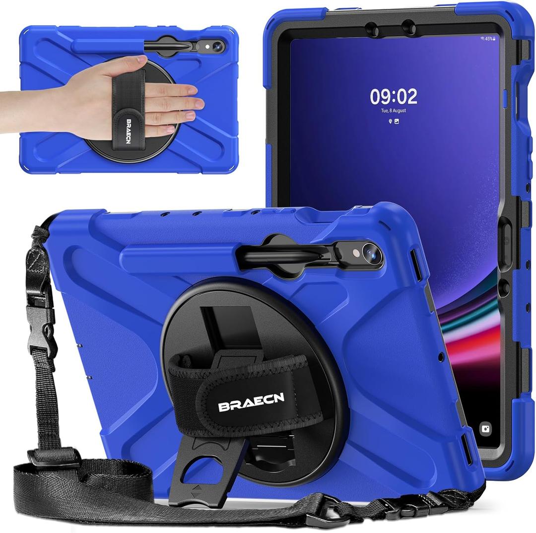 BRAECNstock for Samsung Galaxy Tab S10 Lite/ S10 FE/ S9 FE/ S9/ S8/ S7 5G Case 10.9"/ 11", Shockproof Protective Kids Case with Pencil Holder, Rotating Hand Strap & Stand, Shoulder Strap, Blue (04 Blue (Without Screen Protector))