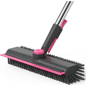 AIR U+ Floor Scrub Brush with Long Handle, 3 in 1 Scrape and Heavy-Duty Stiff Bristle Scrubber Brush for Cleaning Shower Bathroom, Patio, Pool, Garage, Kitchen, Wall and Deck, Gray and Pink
