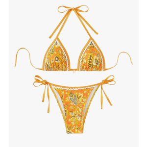 WDIRARA Women's 2 Piece Boho Swimsuits Floral Print Halter String Triangle Bikini Set Beach Bathing Suit, S