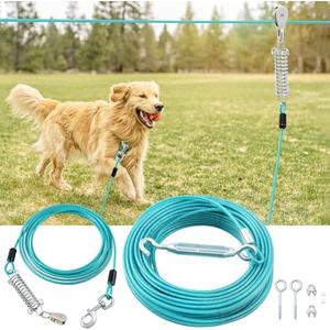 LUFFWELL 100FT Dog Runner for Yard with 15FT Tie Out Cable - Heavy Duty Trolley System for Large Dogs Up to 250LBS, Backyard/Park/Camping Use (Ice Blue, 100FT+15FT)