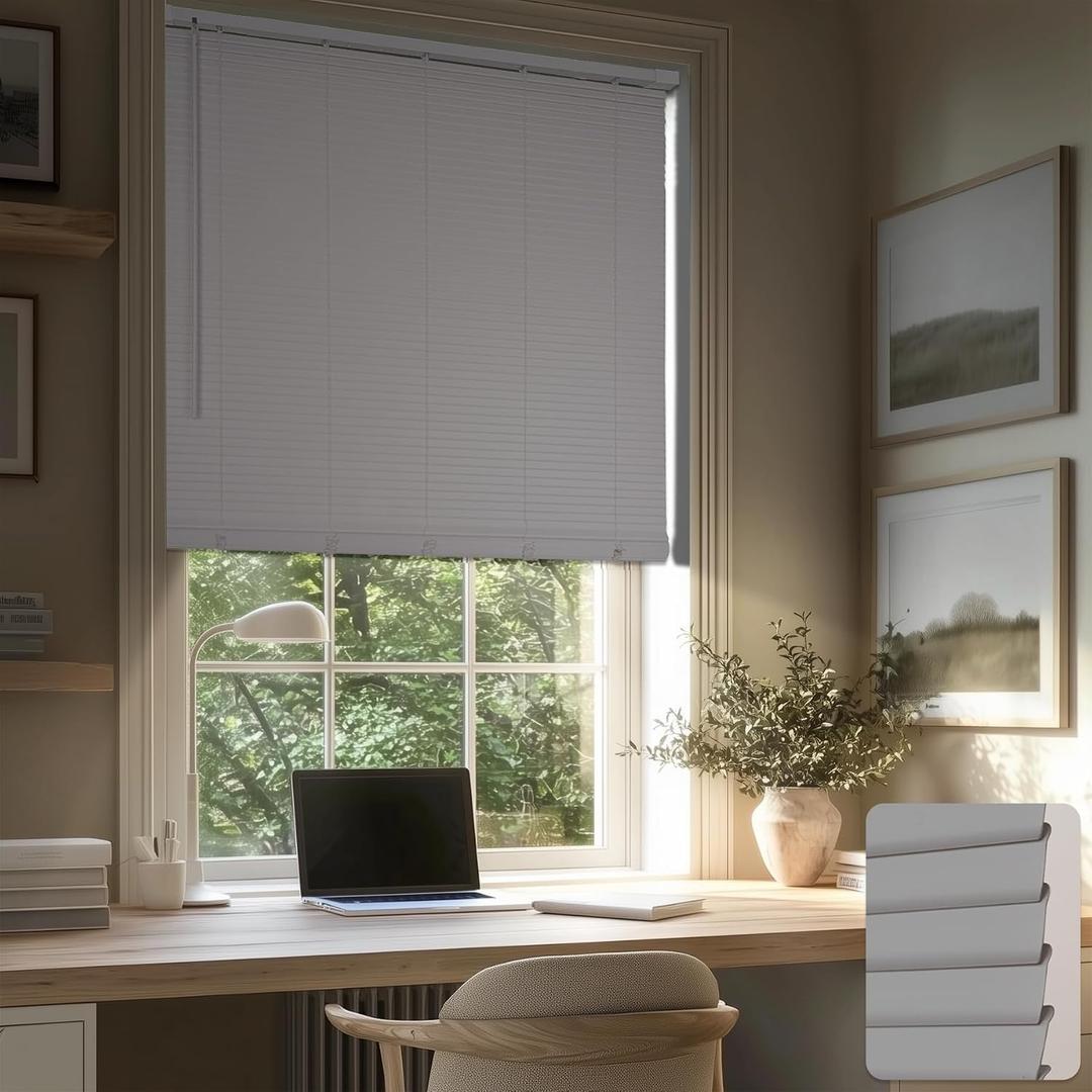 HESTIA No Drill Cordless Room Darkening Vinyl Mini Blinds, 1 L-Shaped PVC Slats Venetian Horizontal Blind Privacy Indoor Window Coverings for Bedroom, Bathroom and Kitchen, Grey, 28" W X 50" H