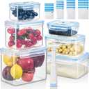 LemonRoad 33 Piece Vacuum Seal Storage Food Containers with Lids (6Containers&6 Lids&20 Sealable Bags&1 Hand Vacuum Pump), Meal Prep Containers with Lid, Airtight and Leak Proof(Blue)
