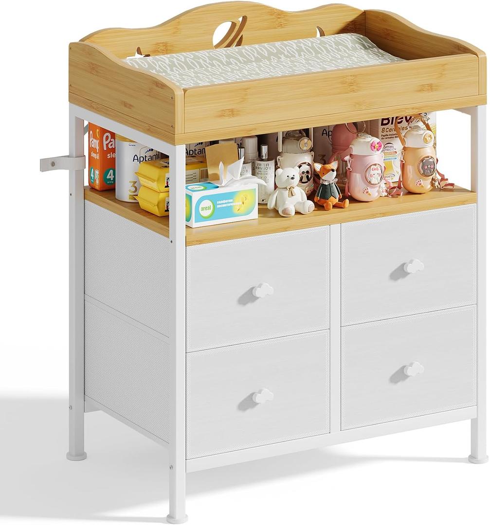 POKIPO Bamboo Changing Table Dresser with Sturdy Metal Frame, 4 Fabric Drawers, 3-in-1 Baby Dresser with Changing Table Top, Diaper Changing Station and Storage Organizer for Modern Nursery, 19.9"D x 32.9"W x 39.8"H