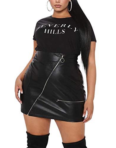 PYL Women’s Plus Size Zipper PU Faux Leather Skirt Short High Waist Mini Bodycon Black 3 X