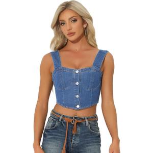 Denim Corset Tops for Women's Button Down Sleeveless Bustier Jean Crop Tank Top