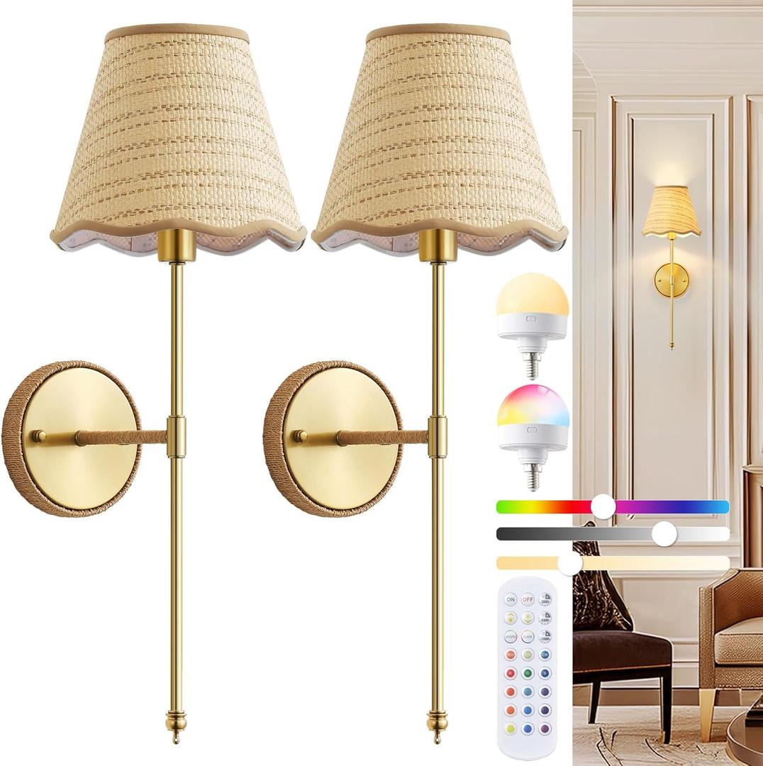 Battery Operated Wall Sconce Set of 2, Wireless Rattan Wall Mounted Light Fixture Rechargeable Wall Sconces with Dimmable Bulb and Remote for Bedroom Living Room Kitchen Stairs(Battery-2pcs)