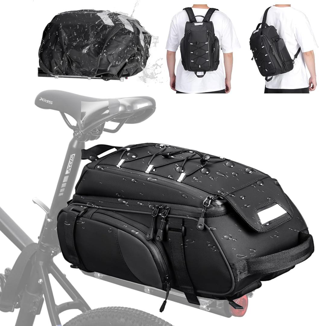 RAINSMORE Bike Bags for Bicycle Rear Rack 15L Waterproof Bike Ebike Trunk Pannier Saddle Bag with Rain Cover Bike Accessories Backpack Shoulder Bag for Commuter Travel Outdoor, Black
