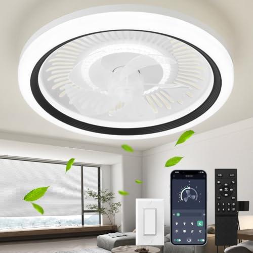 Ceiling Fan with Lights and Remote,20'' Low Profile Ceiling Fans with Lights, Fandelier Ceiling Fan Light,DC Quiet Motor,3000K-6500K Dimmable,Modern Flush Mount Fan for Bedroom,Black
