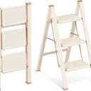 3 Step Ladder, 3 Step Stool for Adults, Folding Step Ladder with Secure Footing, Widened Pedal, Aesthetically Pleasing Looking, Blends Right into Domestic Rooms, Cream Chocolate