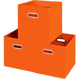 Fabric storage bins Cubes, Fabric Cube Organizer with Handle, Foldable Cube Bins for Cloth or Accessary Storage, 11x11x11, Set of 3, (Orange)