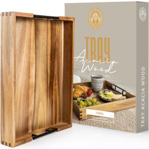 Acacia Wood Serving Tray with Metal Handles - Decorative Tray for Ottoman, Kitchen, Living Room, and Parties - Large Food and Drink Serving Tray - Elegant Home Decor