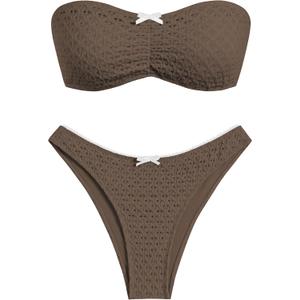 ZAFUL Women's Strapless Bikini Openwork Textured Bow Ruched Lace Up High Cut Bandeau Swimsuit Bathing Suits (Medium, 0-a-coffee)