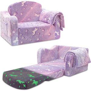 Comfy Toddler Couch and Chair for Kids with Blanket, 2-in-1 Soft Plush Fold Out Kids Sofa Chairs for Girls and Boys, Convertible Sofa to Lounger for Playroom (Purple)