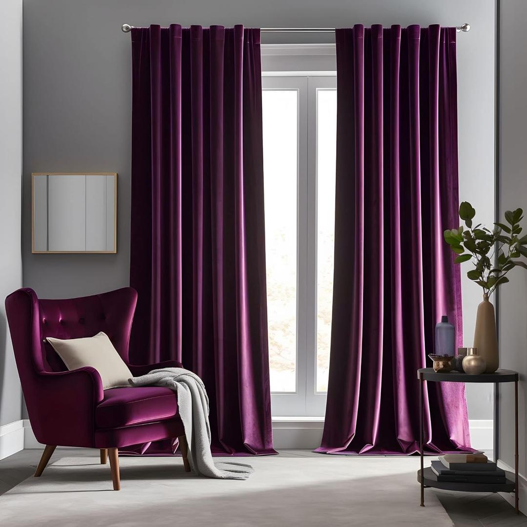 Grape Purple Velvet Curtains 96 inches Long Luxury Blackout Curtains for Bedroom Living Room,Thermal Insulated Super Soft Window Drapes Rod Pocket & Back Tab, 52" W x 96" L, 2 Panels Set