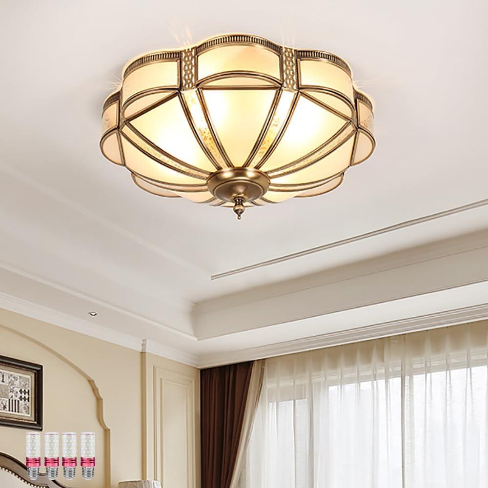 Brass Flush Mount Ceiling Light Elegant 4 Lights Bedroom Ceiling Lamp with Glass Shade, 17.7" Brass Flush Mount Ceiling Light Elegant 4 Lights Bedroom Ceiling Lamp with Glass Shade, 17.7"