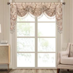 Loom and Mill Jacquard Waterfall Valance for Living Room, Vintage Floral Damask Swag Window Valances with Tassels, Light Khaki Swag Curtains for Bedroom Christmas Banquet Decoration(W79Inch,1 Panel)