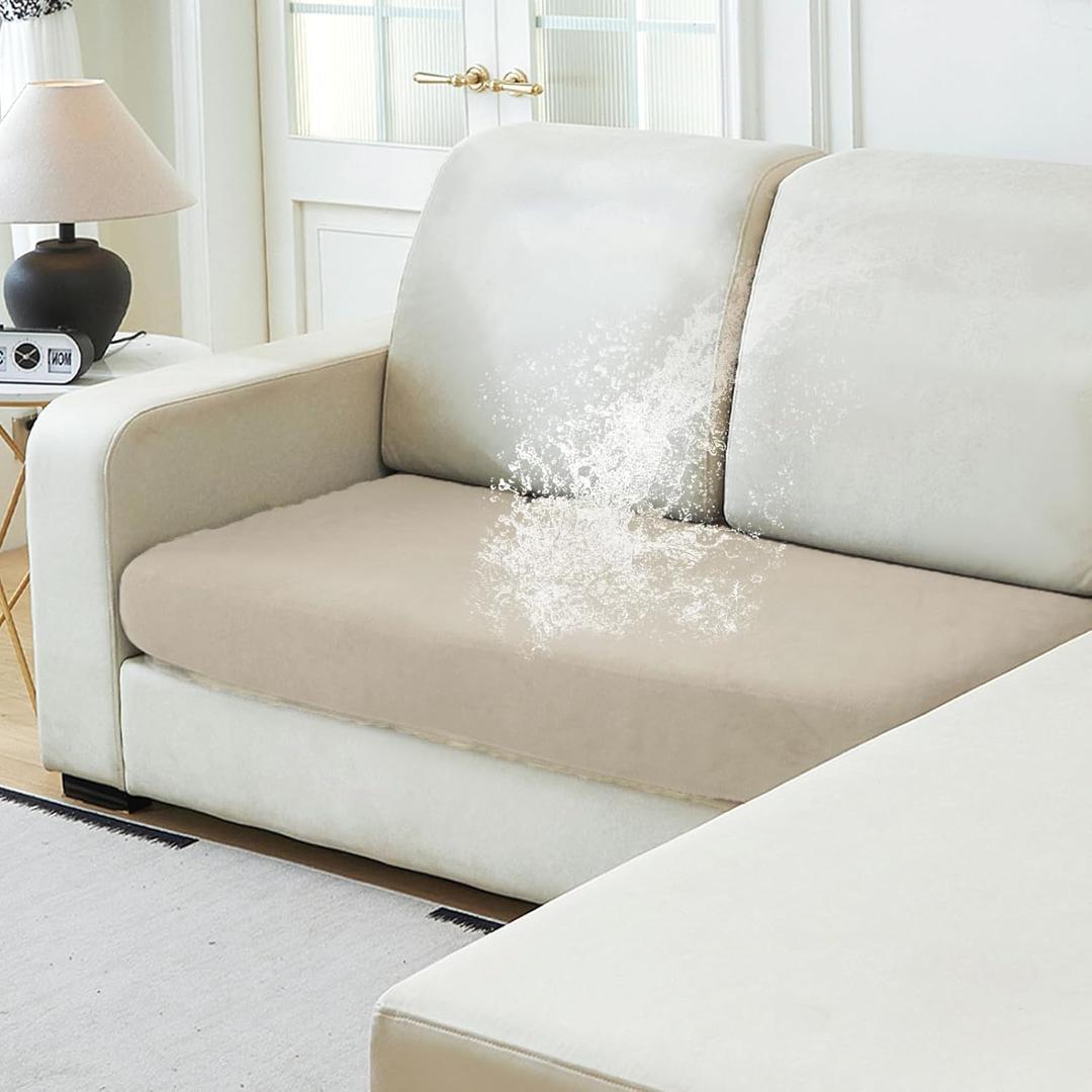NAISI Waterproof Couch Cushion Covers Thick Velvet Fabric Washable Sofa Slipcovers 1 Piece Individual Sectional Couch Covers with Elastic Bottom(1 PC for 2-Seat Cushion or Loveseat,Light Taupe)